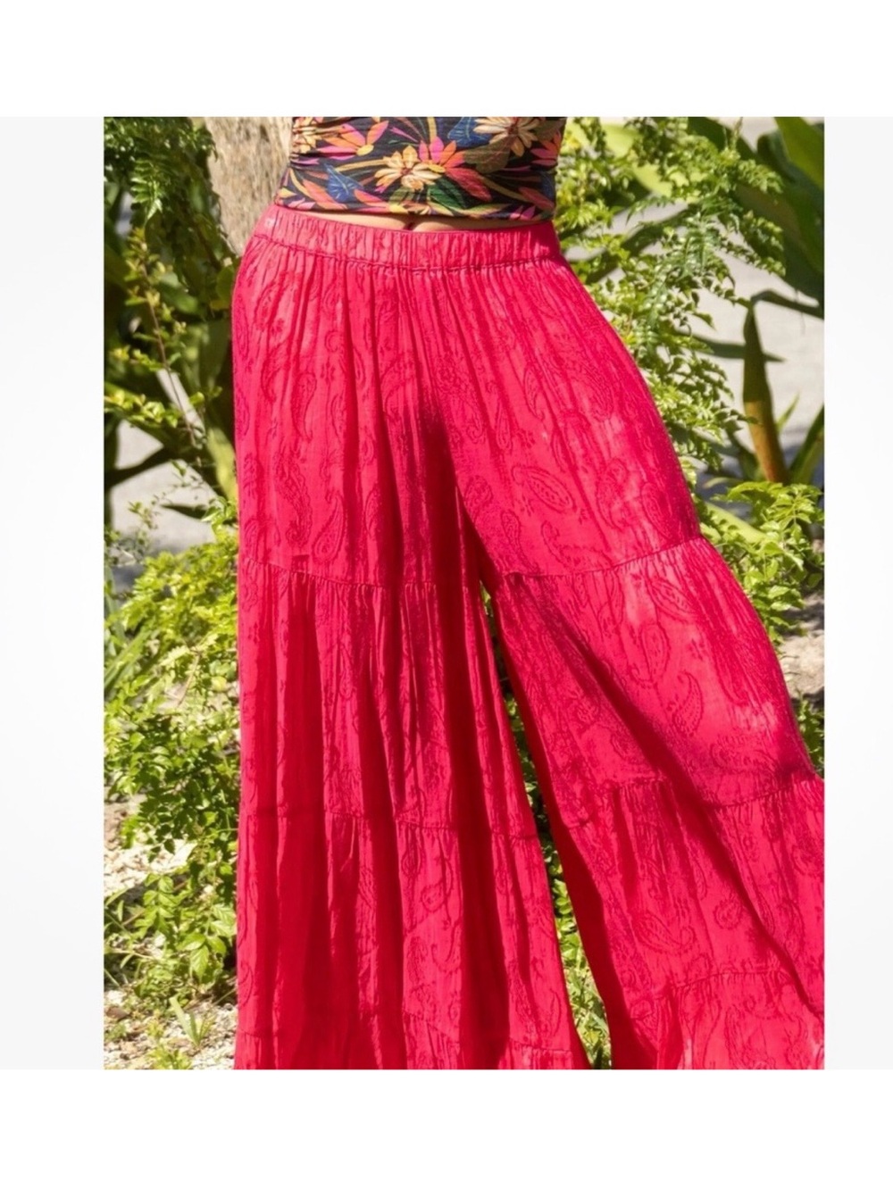 NATURAL LIFE Coral Pink Patti Palazzo Jacquard Pants Paisley Boho Travel Resort